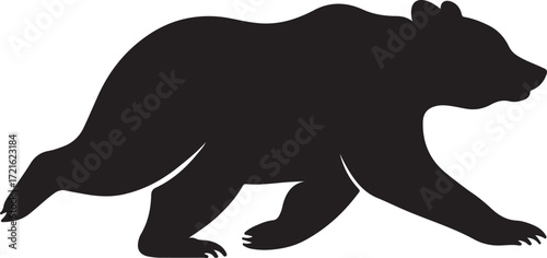 Silhouette of a powerful grizzly bear walking with its head down in a dynamic pose against a white background