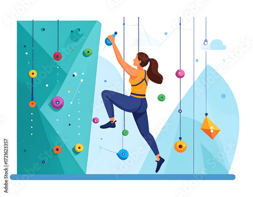 Woman in a yellow top and blue leggings is rock climbing on an indoor wall with colorful holds.