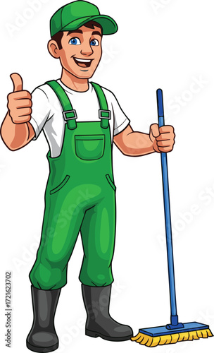 Cute cartoon janitor with green overalls, holding broom, giving thumbs up, smiling cleaner, vector illustration for cleaning, service, and workplace themes