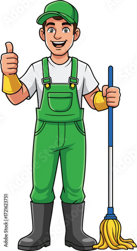 Cute cartoon janitor with green overalls, holding mop, giving thumbs up, smiling cleaner, vector illustration for cleaning, service, and workplace themes