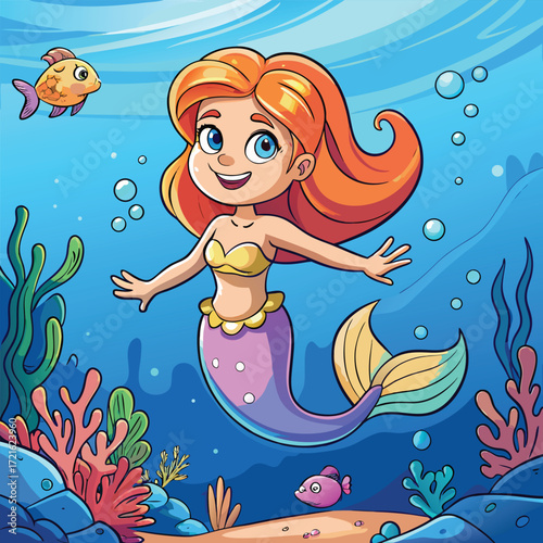 Charming cartoon mermaid swimming joyfully underwater amidst coral reef and fish vector