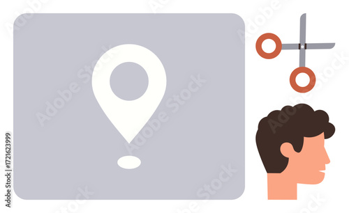 Geographical pin in focus, scissors symbolizing action, male head representing thought or decision. Ideal for travel, location, decision-making, creativity, problem-solving, navigation simple flat