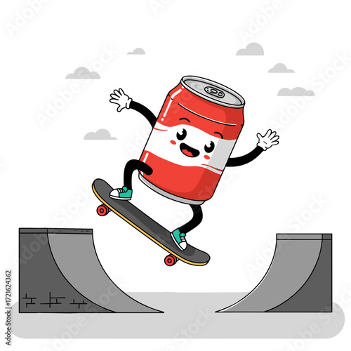 Cartoon drink can on a skateboard for fast food delivery branding, beverage marketing and promotional materials