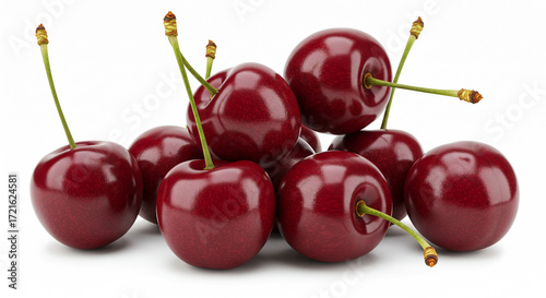 Juicy cherries glistening on a bright white background, perfect for summer recipes and healthy eating campaigns, a vibrant taste of fresh fruit