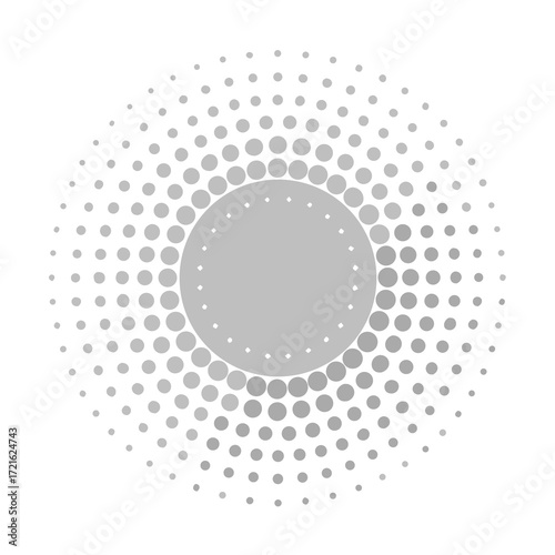 Grey Halftone Circle with Concentric Rings of Dots on White Background abstract