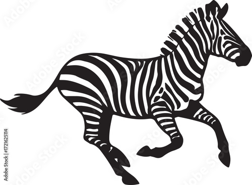 A black and white illustration of a zebra running with its mane flowing and tail extended