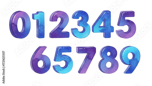 Watercolor Numbers 0-9 Vibrant Blue and Purple Gradient Digits for Creative Design