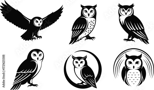 Black and white stylized owl vector illustrations set featuring unique designs, poses, circular frames, and decorative elements for creative projects