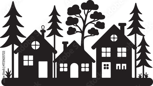 Peaceful Village Living Silhouette Illustration