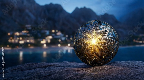 Luminous Metallic Sphere on Coastal Rock at Dusk