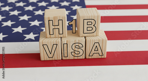 H1B Visa Wooden Blocks on American Flag: Immigration Concept
