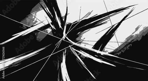 Dynamic black and white abstract background with sharp, energetic lines and high contrast. Modern graphic art featuring an explosion of monochrome strokes.