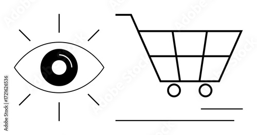 Eye with radiating lines beside a shopping cart, symbolizing consumer focus and e-commerce. Ideal for marketing, online shopping, brand strategy, customer research, advertising, product design