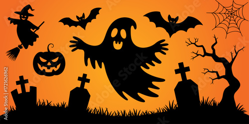 Spooky Halloween Scene with Witch, Ghost, Pumpkin and Graveyard Silhouettes