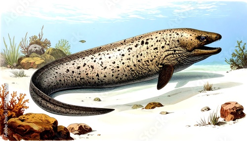 A spotted eel in shallow water