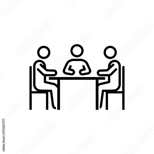 People at a table discussing ideas in a minimalist style, with a transparent background