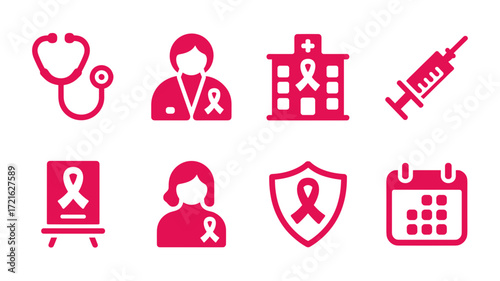 A collection of medical vector icons representing healthcare support for cancer patients, symbolizing screening, treatment, protection, and scheduled care. Pink October.
