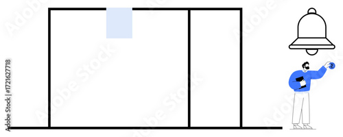 Minimal design featuring man holding phone near a bell, rectangular window frame suggesting alerts, notifications, messaging. Ideal for communication, reminder, interaction, alert, design