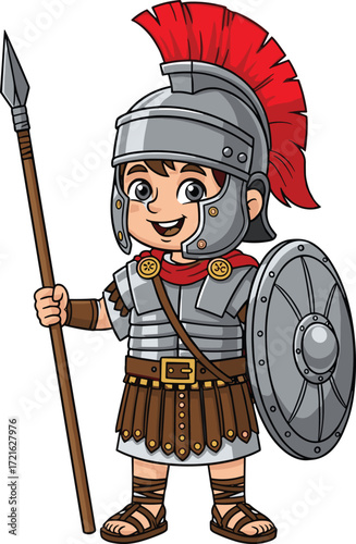 Cute cartoon Roman soldier with spear and shield, wearing helmet with red plume, historical ancient warrior character for kids, vector illustration