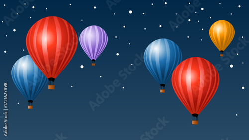 Colorful hot air balloons float against a dark, starry night sky.