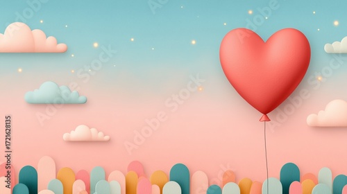 Whimsical Heart Balloons and Dreamy Pastel Clouds – Whimsical Heart Balloon and Pastel Clouds in Dreamy Sky  ideal for Valentine’s Day content, romantic ads, greeting cards, or posters