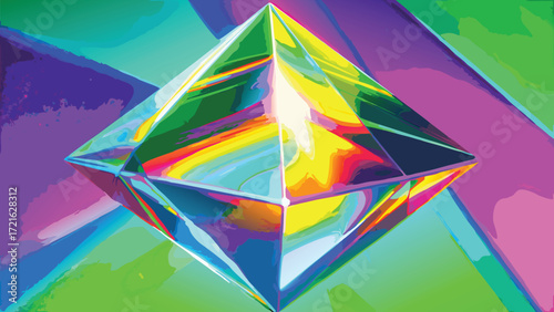 Octahedron Crystal Geometric Shape With Rainbow Light Reflections Abstract Art background blue