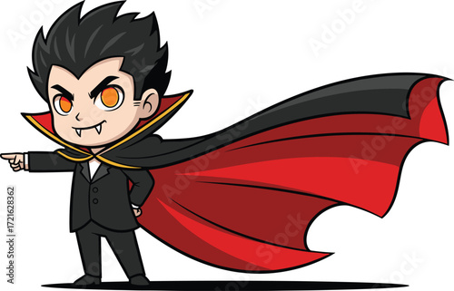 Cute cartoon vampire character with red cape, pointing finger, orange eyes, fangs, black suit, Halloween theme, vector illustration for kids and party designs
