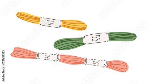 Hand drawn vector illustration of embroidery floss threads in cartoon flat style. Colorful set of sewing supplies for crafting, needlework, and textile projects.