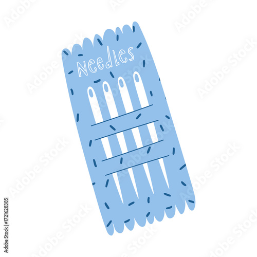 Hand drawn vector illustration of pack of sewing needles in cartoon flat style. Essential tool for tailoring, hand sewing, embroidery, and textile projects.