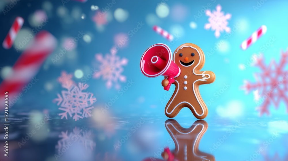 Naklejka premium 3D Cute Gingerbread Man with Megaphone and Christmas Candy Background