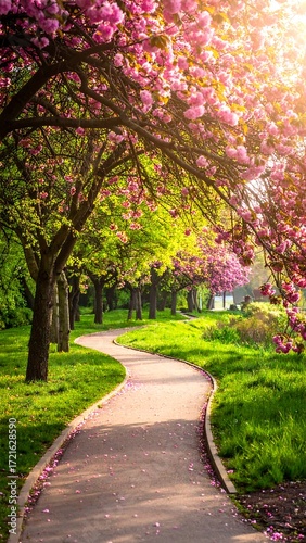 A springtime path through a blossoming park