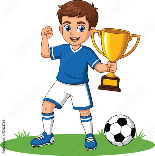 Happy cartoon boy soccer player holding golden trophy, celebrating victory with ball on grass, wearing blue jersey and sports gear, vector illustration