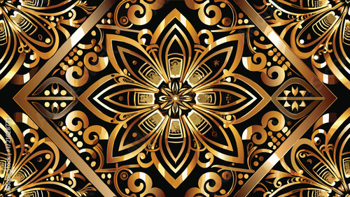 Ornate Gold and Black Floral Geometric Pattern with Reflective Surfaces vector illustration