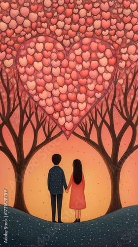 Romantic Scene with Couple Beneath Heart-Shaped Tree at Sunset – Romantic Couple Under Heart-Shaped Canopy of Love at Sunset  soft and loving design for seasonal promotions, gifts, or editorial use