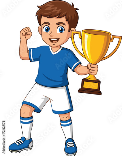 Happy cartoon boy soccer player holding golden trophy, celebrating victory, wearing blue jersey and sports gear, vector illustration for kids