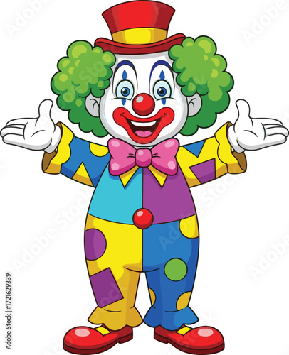 Happy cartoon clown with green hair, red nose, colorful costume, open arms, smiling face, circus character, vector illustration for fun, kids, and party themes