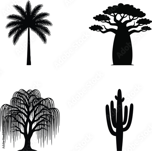 Four tree silhouettes in black, including palm, baobab, willow, and saguaro