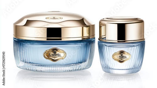 Luxury Skincare Set Pale Blue Glass Jars with Gold Lids
