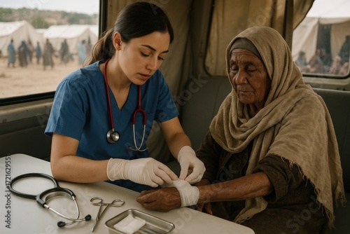 Health worker treats elderly woman in a mobile clinic during a humanitarian mission in a refugee camp