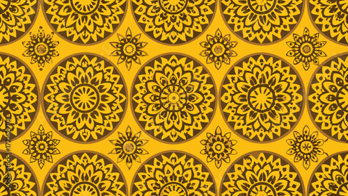 Ornate Yellow Background with Repeating Dark Brown Mandala and Floral Motifs pattern texture