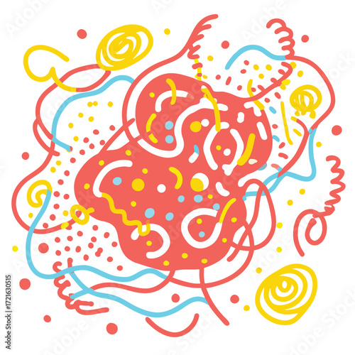 Playful Abstract Doodle with Coral Red Blob and Colorful Lines vector illustration