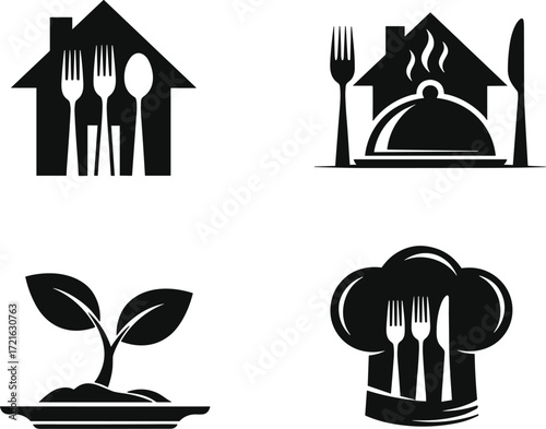Black and white vector icons of home dining, hot meals, organic food, and chef cooking, perfect for culinary and restaurant branding.