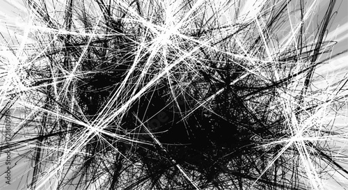 Dynamic abstract monochrome background with tangled, radiating lines forming a chaotic network. Black and white complexity texture.