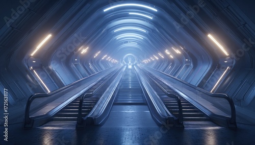 Fototapeta Naklejka Na Ścianę i Meble -  Futuristic tunnel with escalators.  Neon lighting