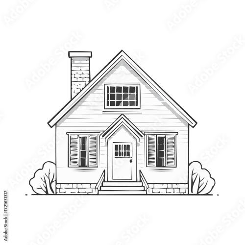 Illustration of House with Shutters Chimney Door and Landscaping in Sketch Style