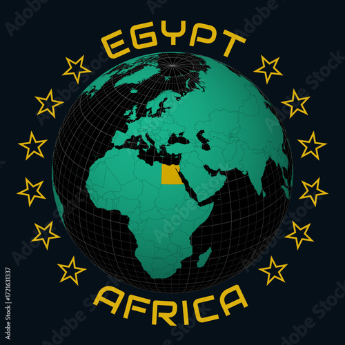 Arab Republic of Egypt on Globe. Round country and continent name text. Country view on world map in Black Emerald color palette. Egypt shape on map. Charming vector illustration.
