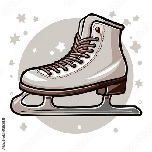 Cartoon illustration of a ice skate with decorative stars and a neutral background.