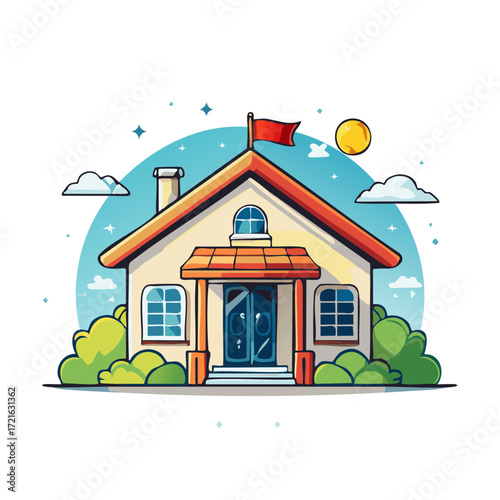 Playful Cartoon House Exterior with Red Flag and Green Bushes Against a Cloudy Sky