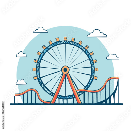 Vibrant cartoon illustration of an amusement park with a Ferris wheel and roller coaster