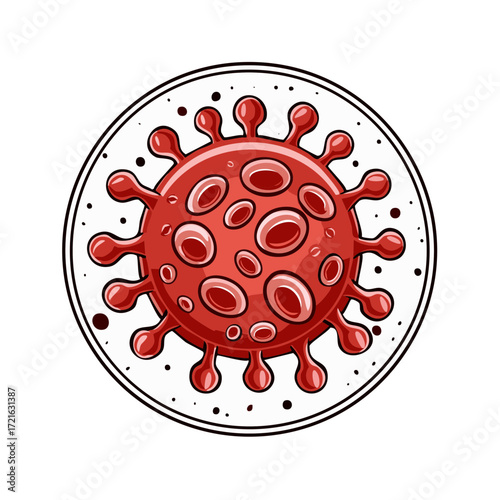 Stylized red virus particle illustration representing global pandemic infection and health crisis